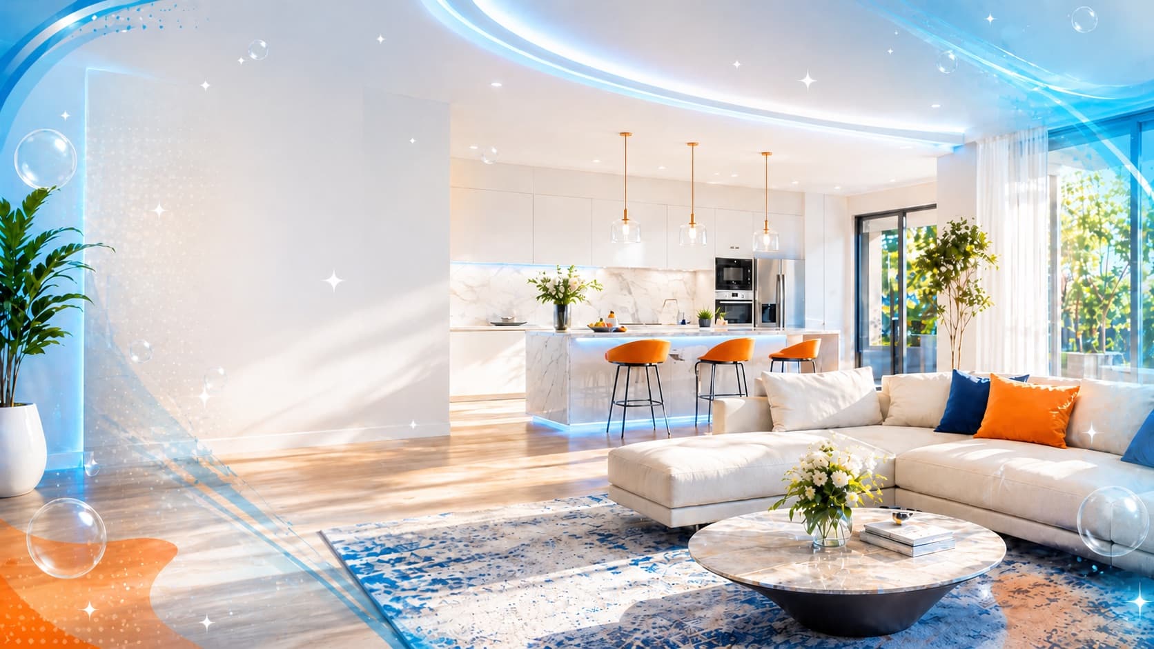 Modern luxury living room with floor to ceiling windows and impeccable polished floors