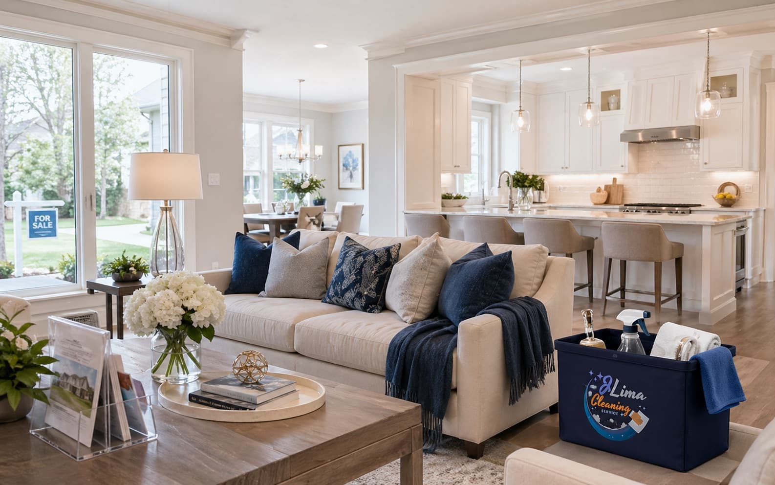 Pre-market real estate cleaning for an Atlanta home listing with staged living room